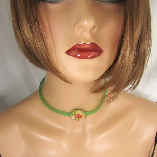 Lt. Green Ribbon Choker Necklace Handmade Floral Bead Accent