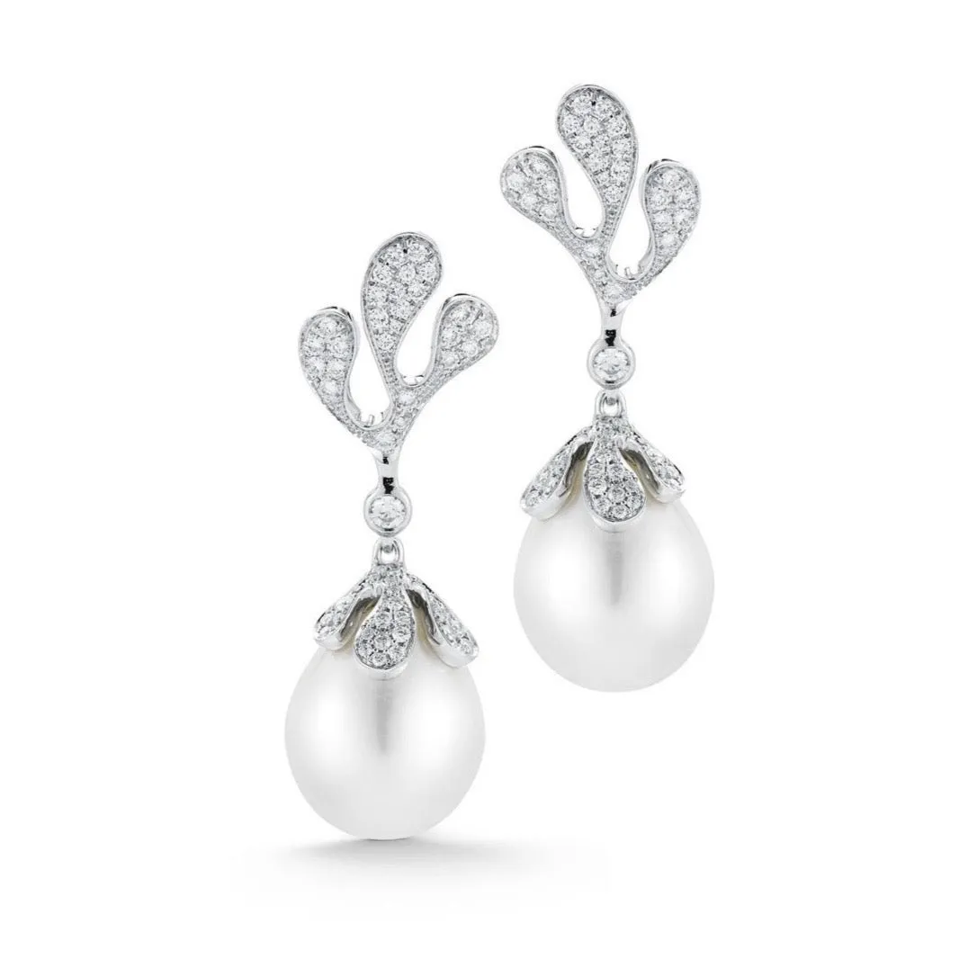 Miseno - Sea Leaf - Drop Earrings with South Sea Pearls and Diamonds, 18k White Gold