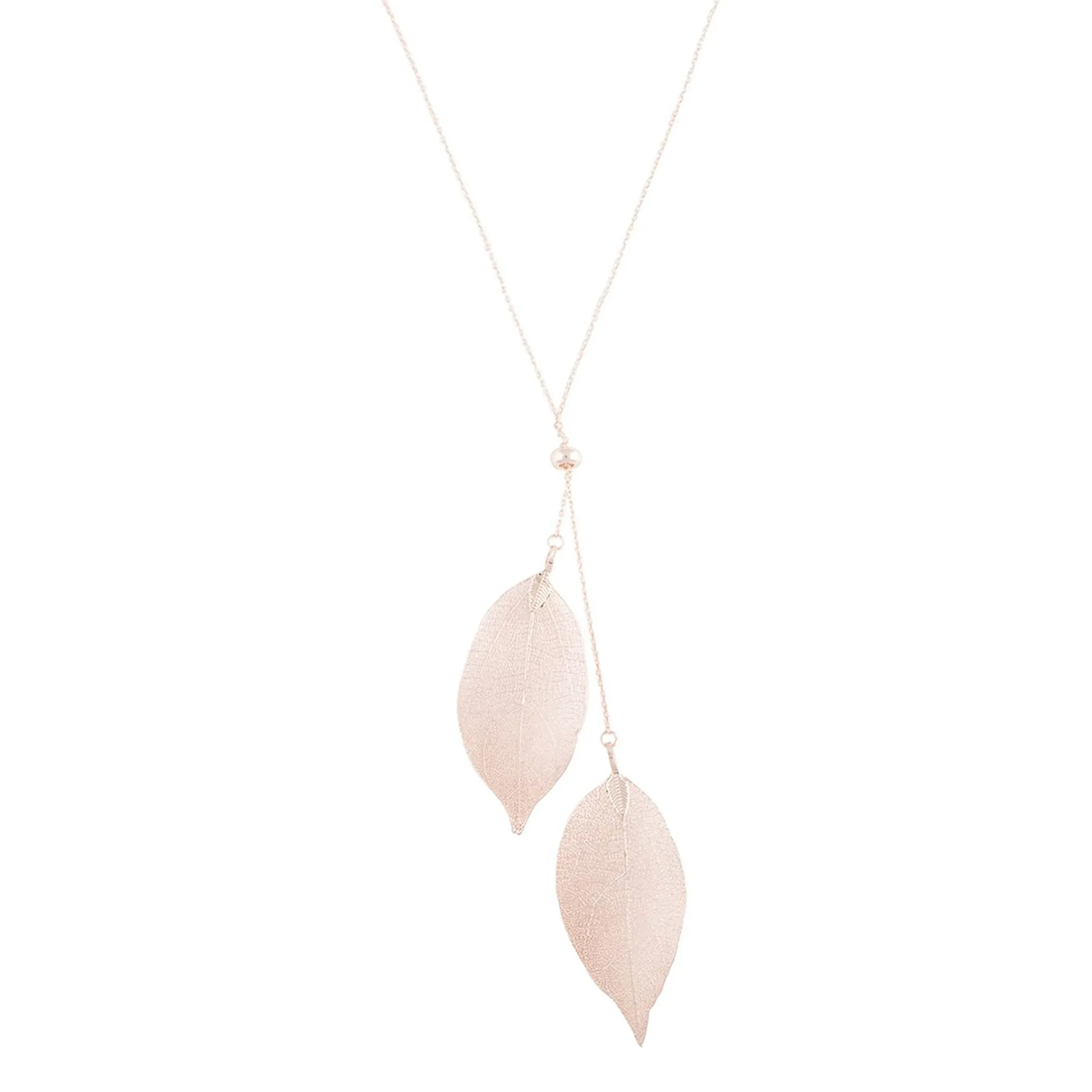 Natural Leaf Lariat Necklace In Rose Gold