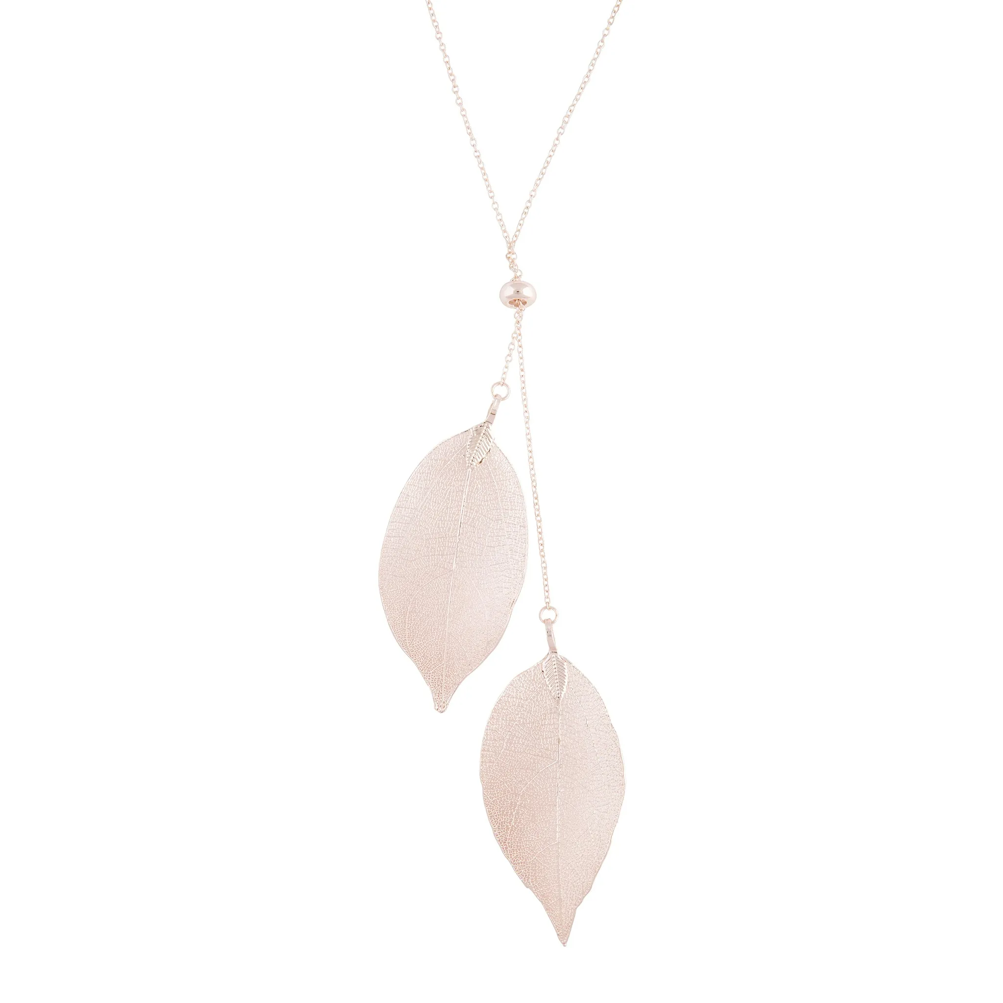 Natural Leaf Lariat Necklace In Rose Gold