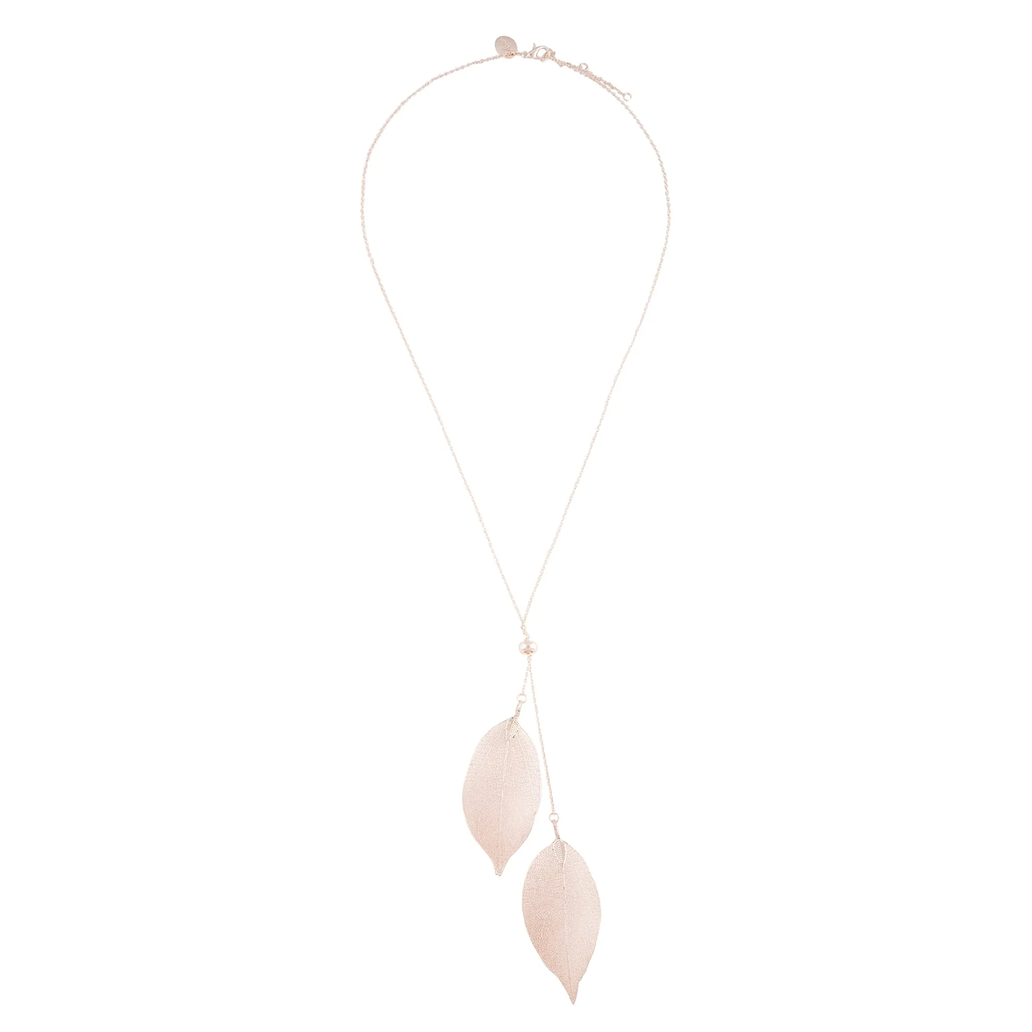 Natural Leaf Lariat Necklace In Rose Gold