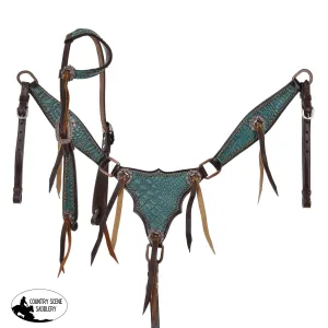 New! Showman Turquoise Gator One Ear Headstall and Breastcollar Set