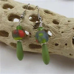 Olive Sea Glass Teardrop & African Trade Bead Earrings