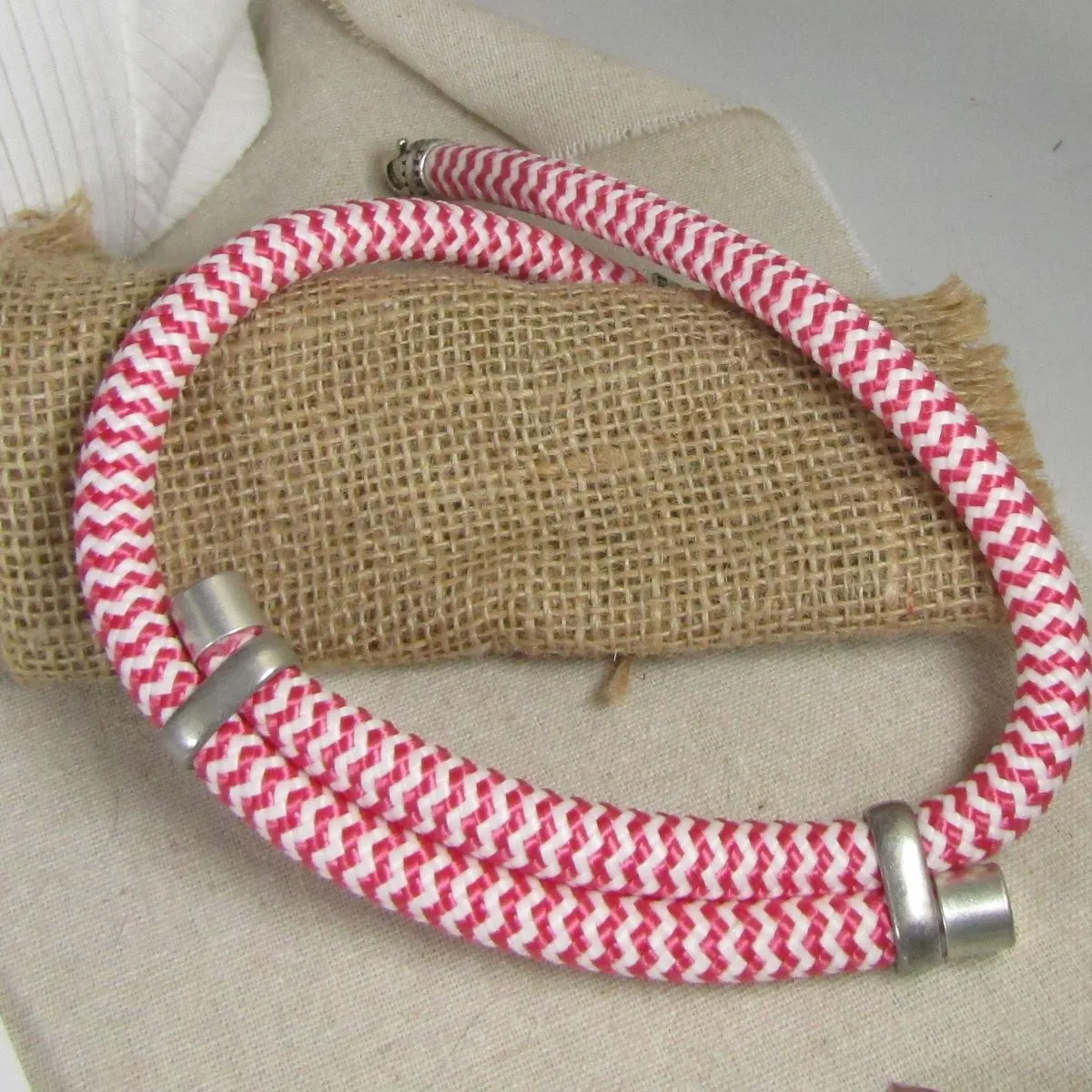 Pink Candy Striped Cotton Rope Cord  Necklace Uniquely Different Style