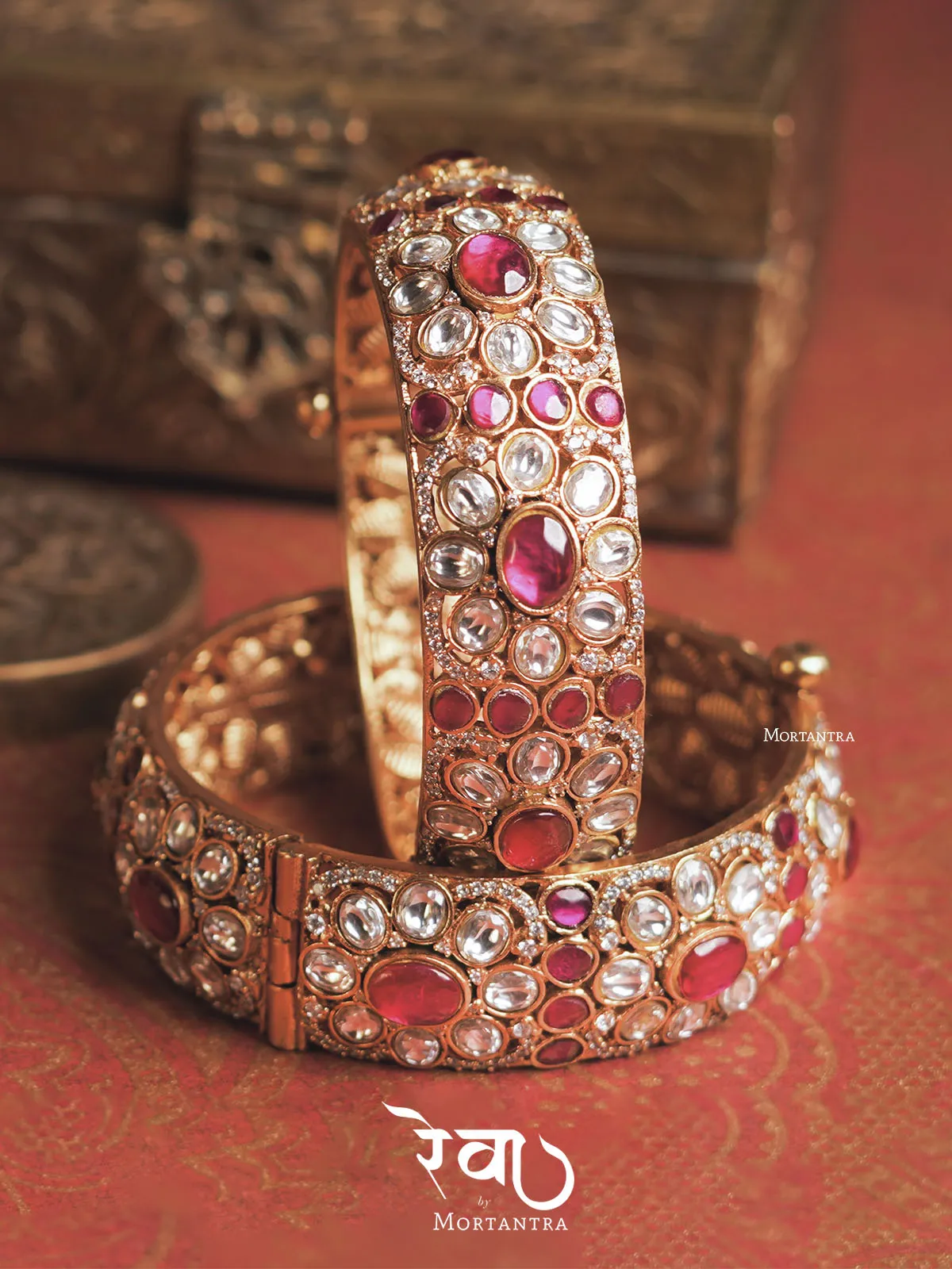 Pink Color Gold Plated Jadau Kundan Bangles - MO-B1WP