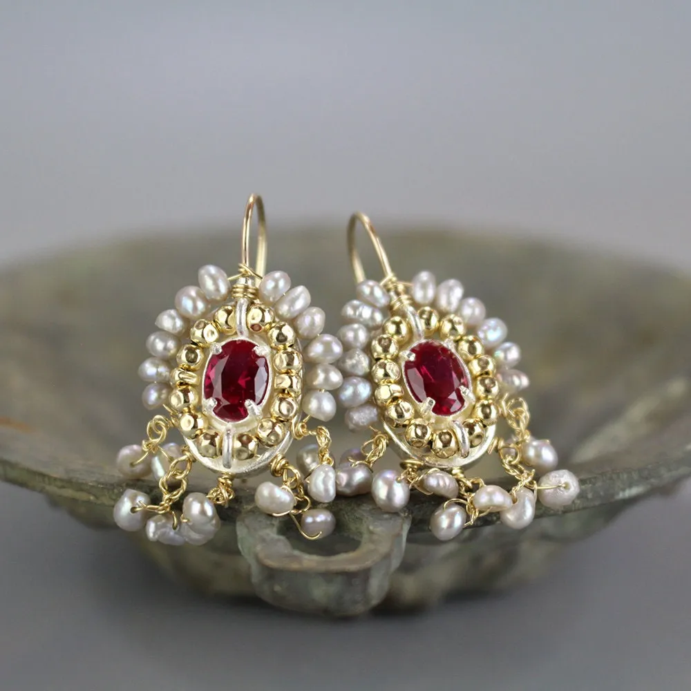 Pink Zircon and Grey Pearls Cherkes Earrings