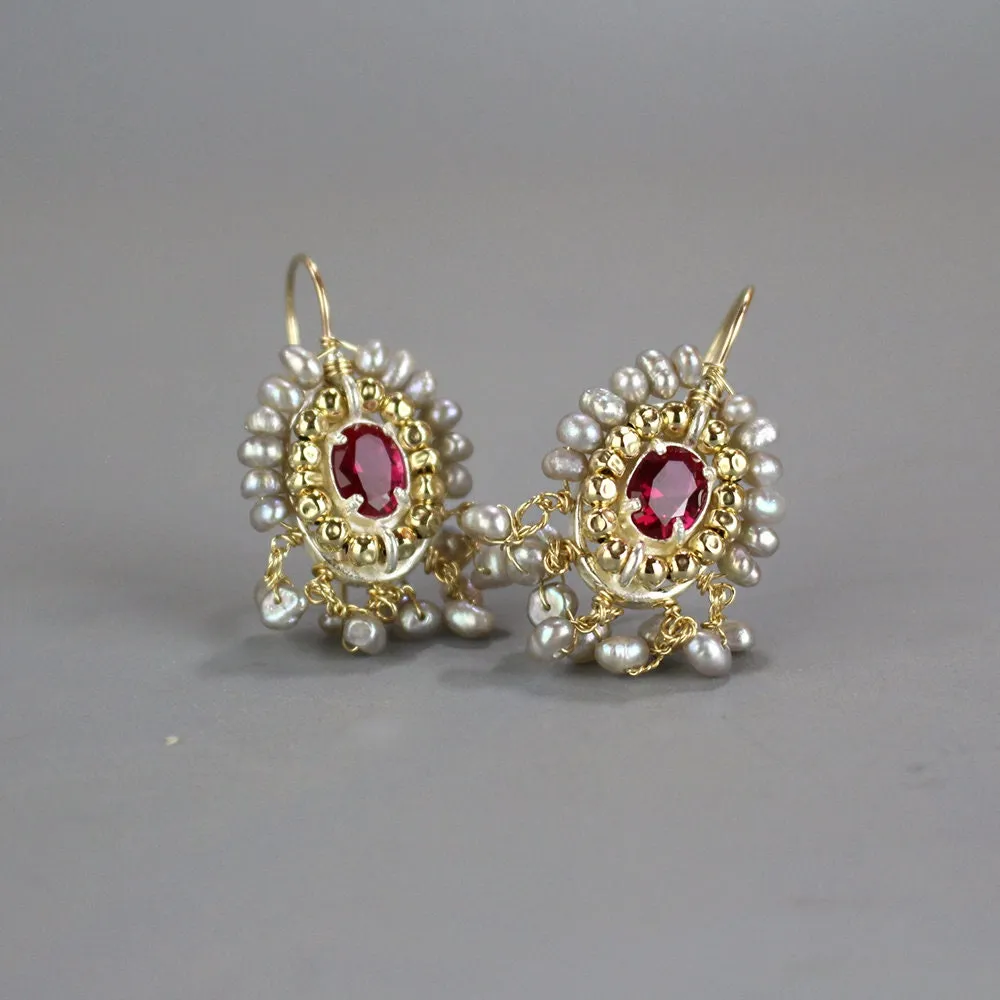 Pink Zircon and Grey Pearls Cherkes Earrings