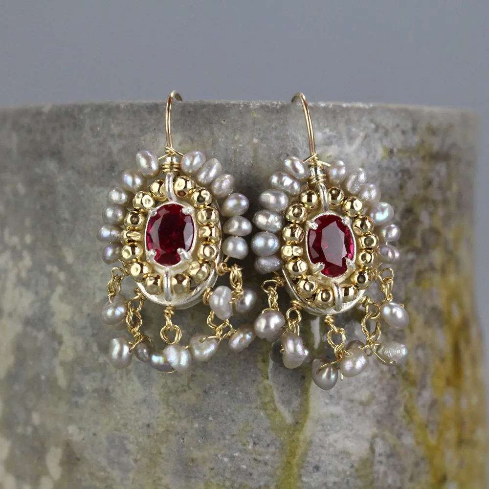 Pink Zircon and Grey Pearls Cherkes Earrings