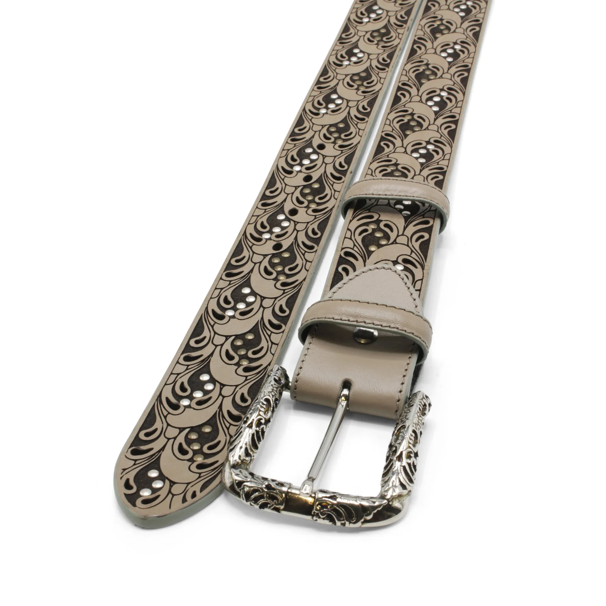 Raft' Paisley Studded Ice Grey Filigree Prong Belt