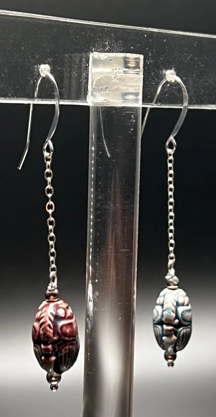 Raku Scarab and Sterling Silver Chain Earrings