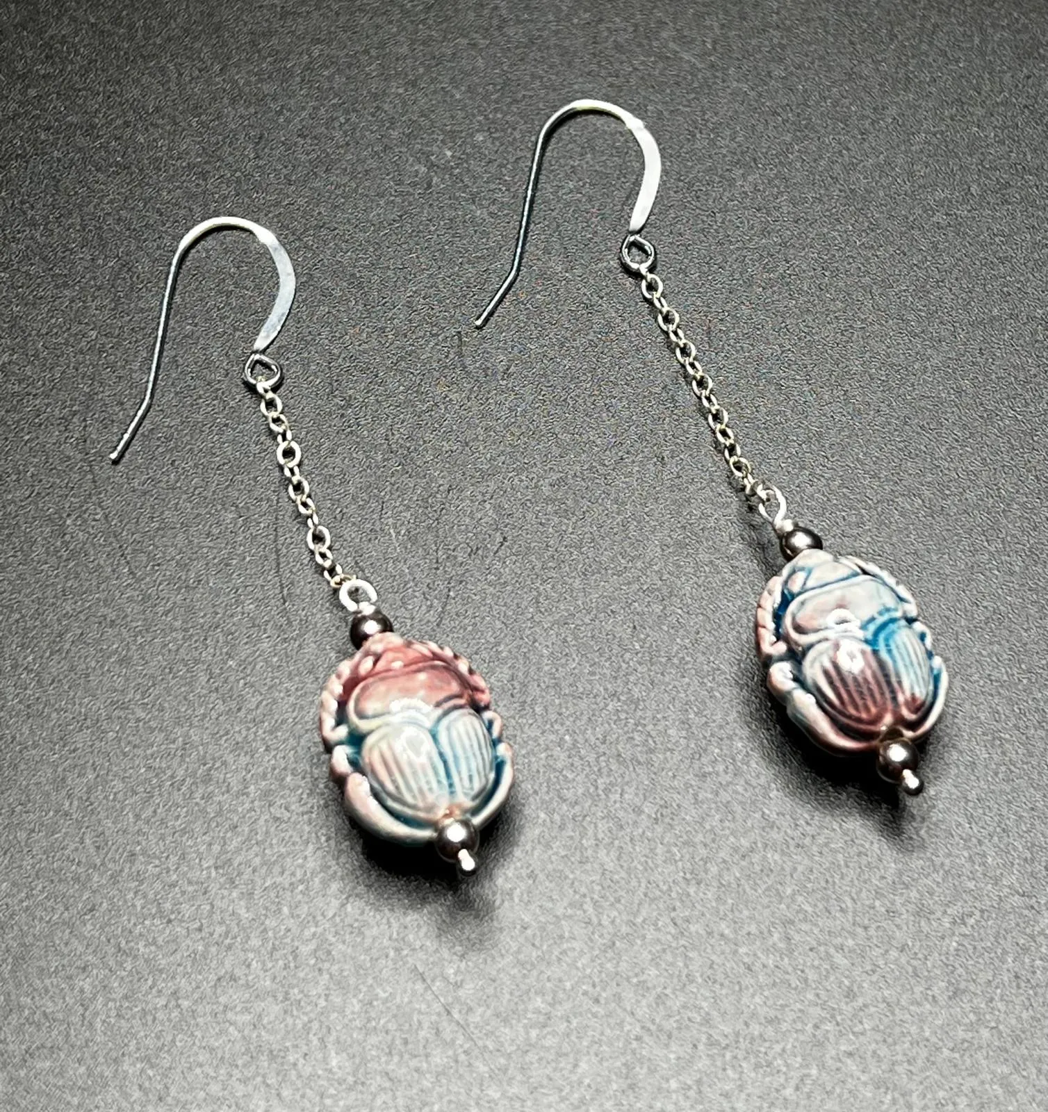 Raku Scarab and Sterling Silver Chain Earrings