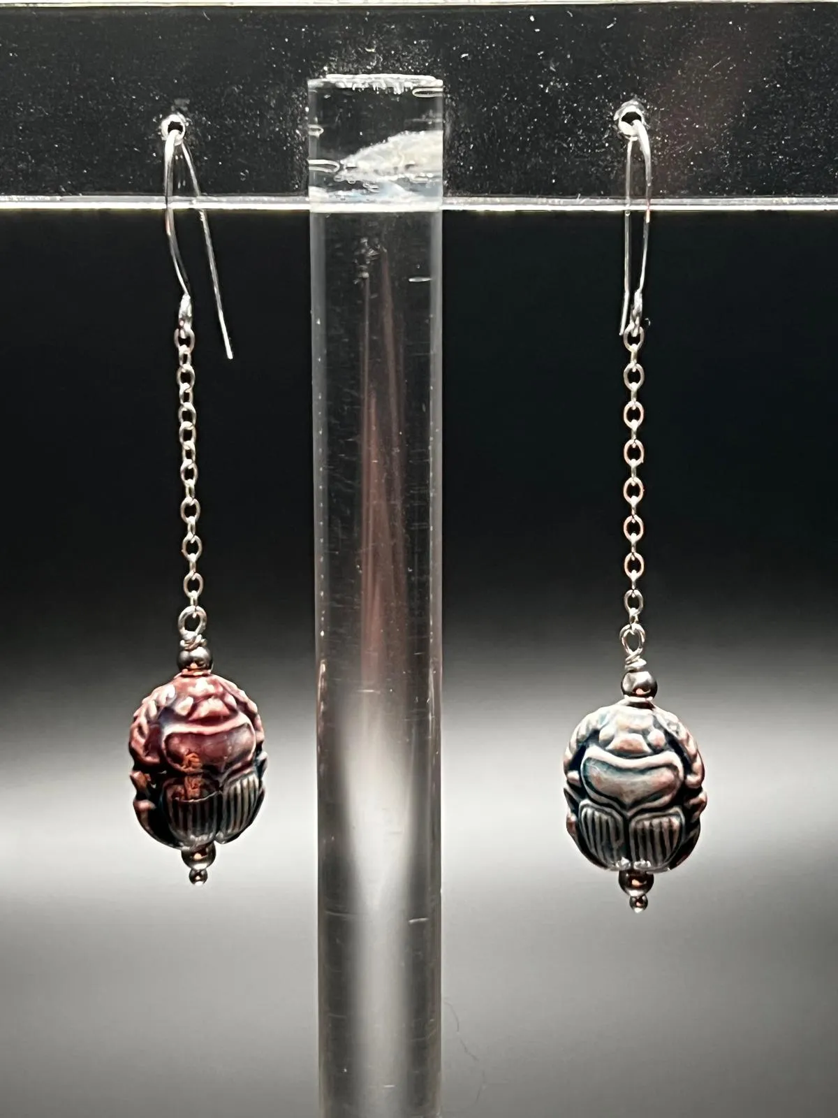 Raku Scarab and Sterling Silver Chain Earrings