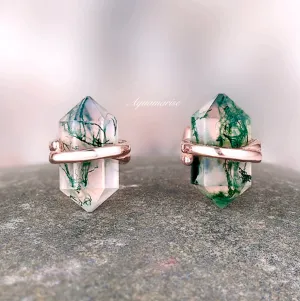 Raw Green Moss Agate Stud Earrings- 14K Rose Gold Vermeil