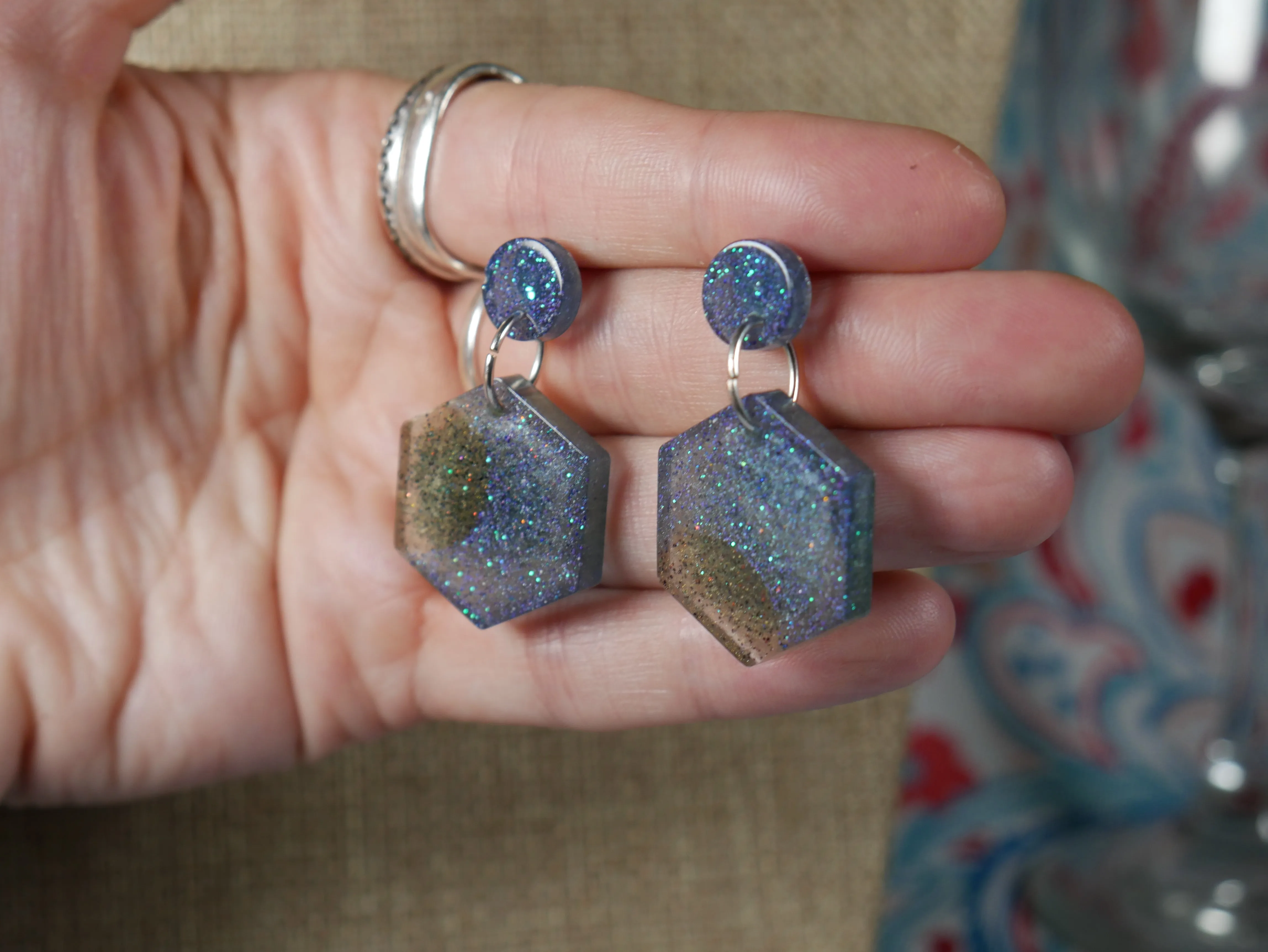 Resin Blue and Coppery Hexagon Earrings