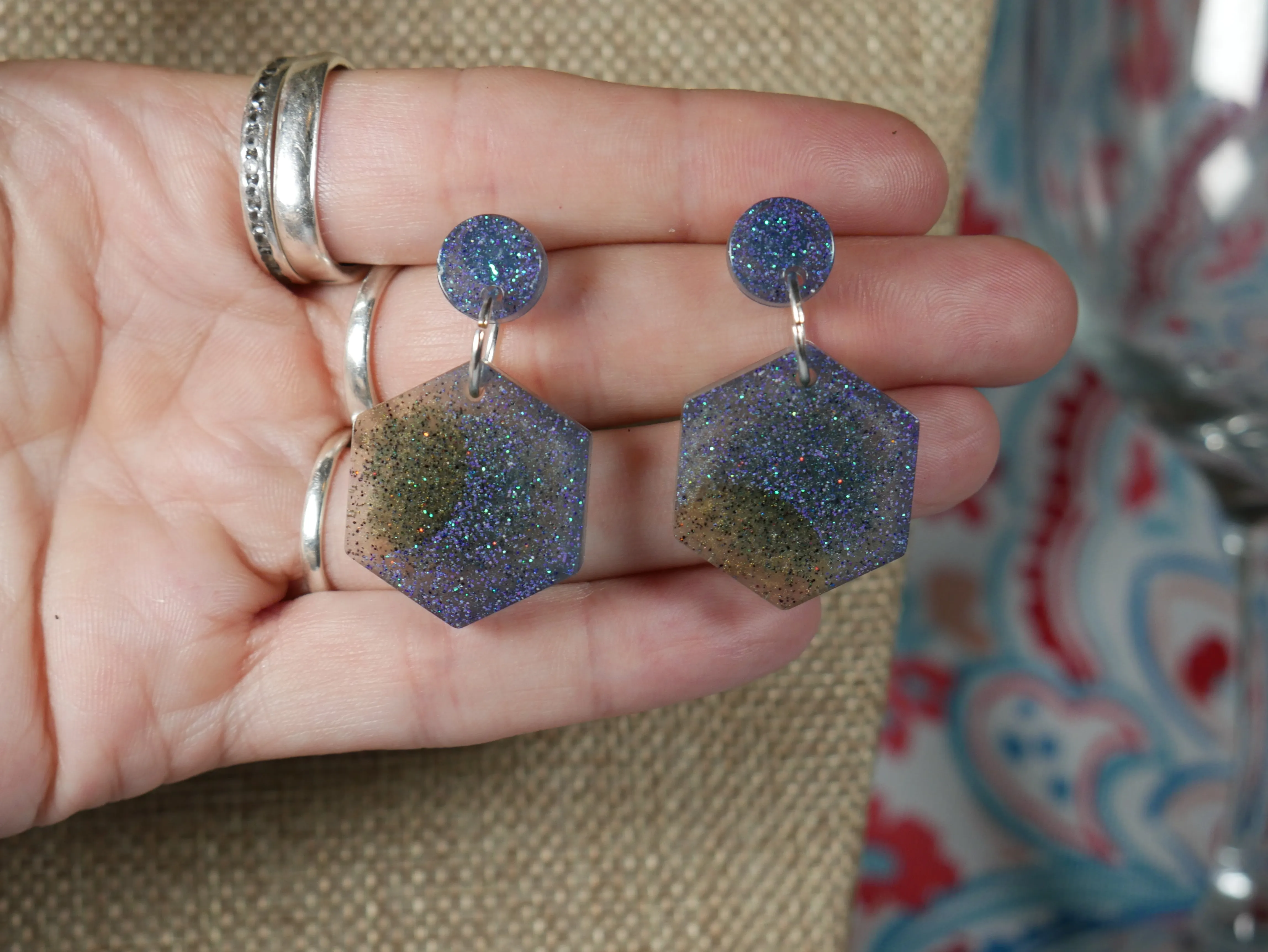 Resin Blue and Coppery Hexagon Earrings