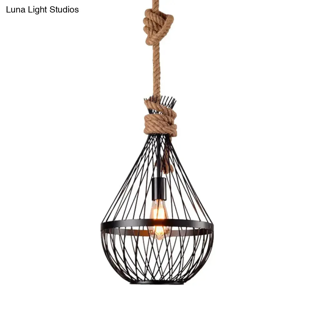 Retro Iron Pear-Shaped  Suspension Lighting with Hemp Rope in Black