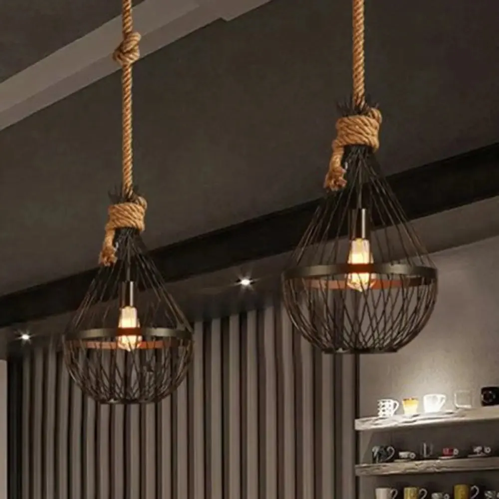 Retro Iron Pear-Shaped  Suspension Lighting with Hemp Rope in Black