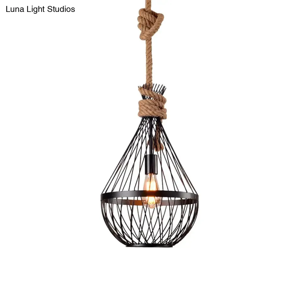 Retro Iron Pear-Shaped  Suspension Lighting with Hemp Rope in Black