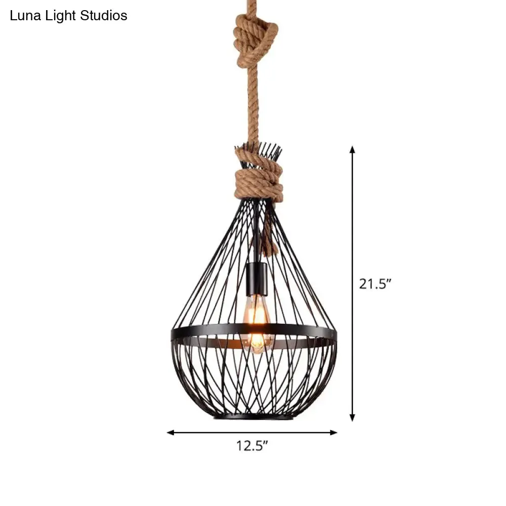 Retro Iron Pear-Shaped  Suspension Lighting with Hemp Rope in Black