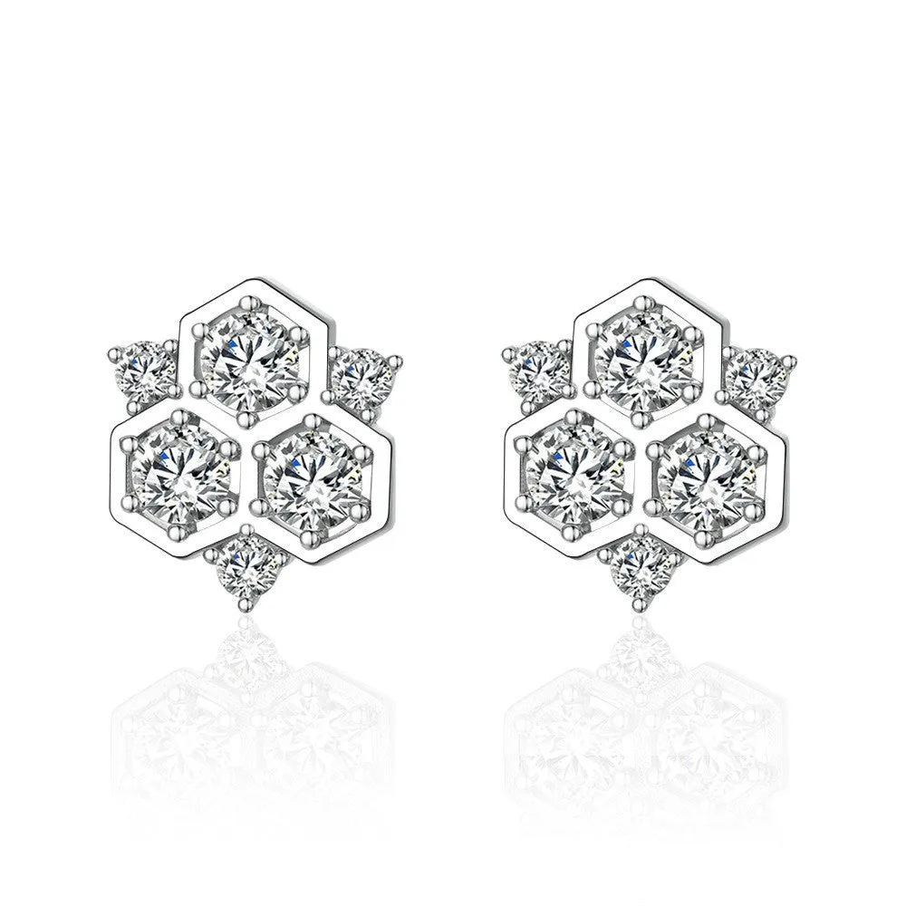 Round Zircon Honeycomb Sterling Silver Stud Earrings