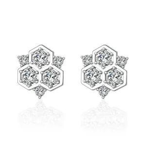 Round Zircon Honeycomb Sterling Silver Stud Earrings