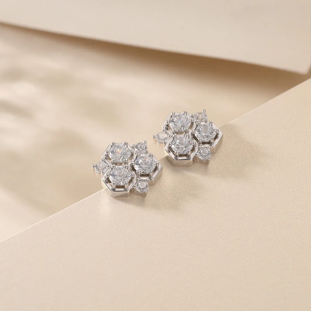 Round Zircon Honeycomb Sterling Silver Stud Earrings