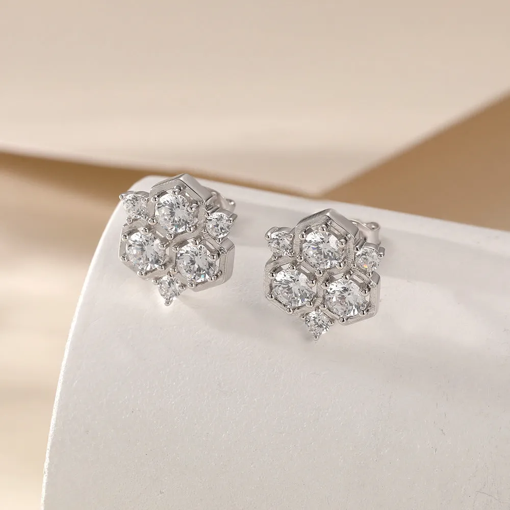 Round Zircon Honeycomb Sterling Silver Stud Earrings