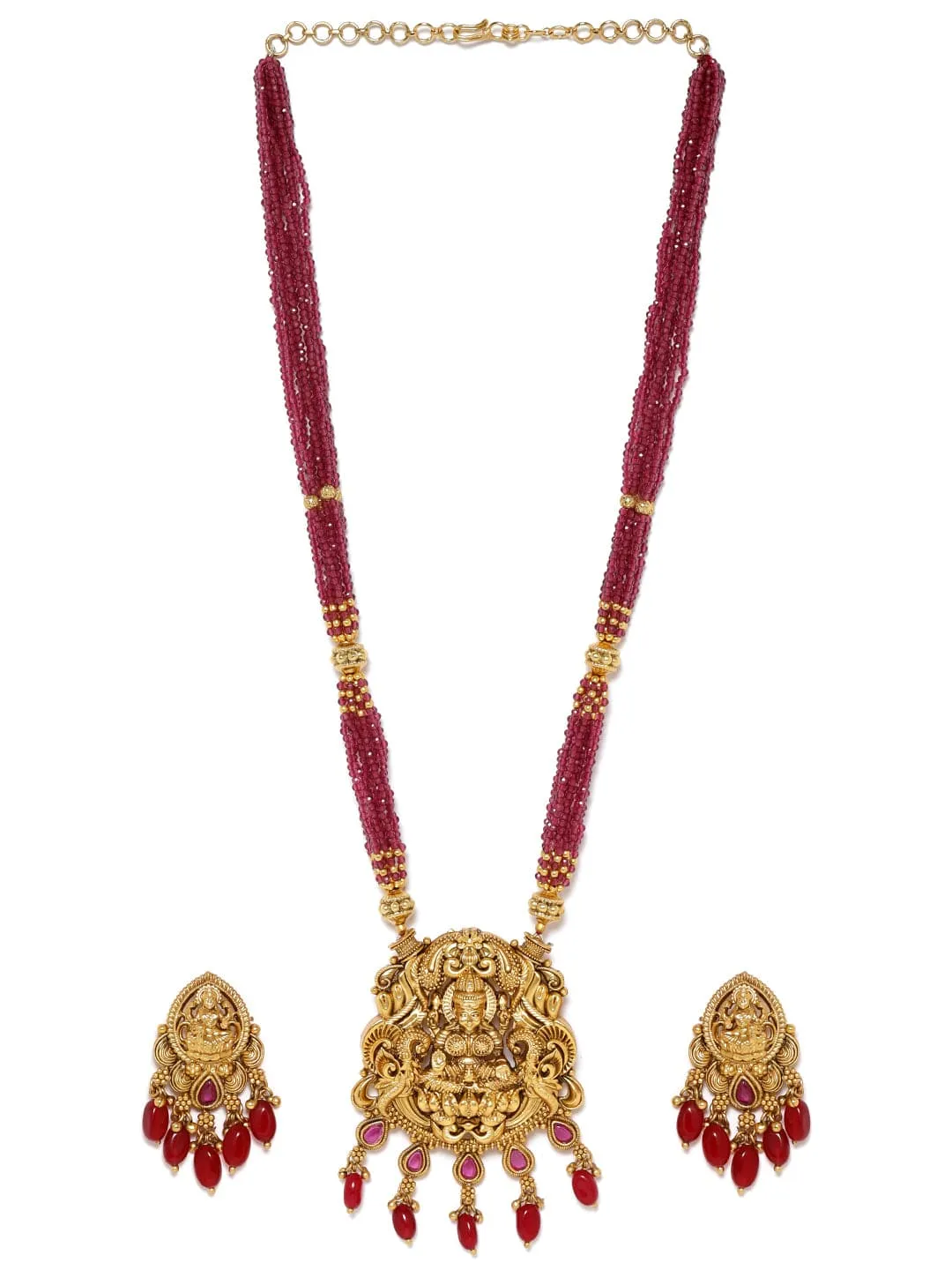 Rubans 22K Gold plated Striking Ruby Red Beaded handcrafted Temple Necklace Set