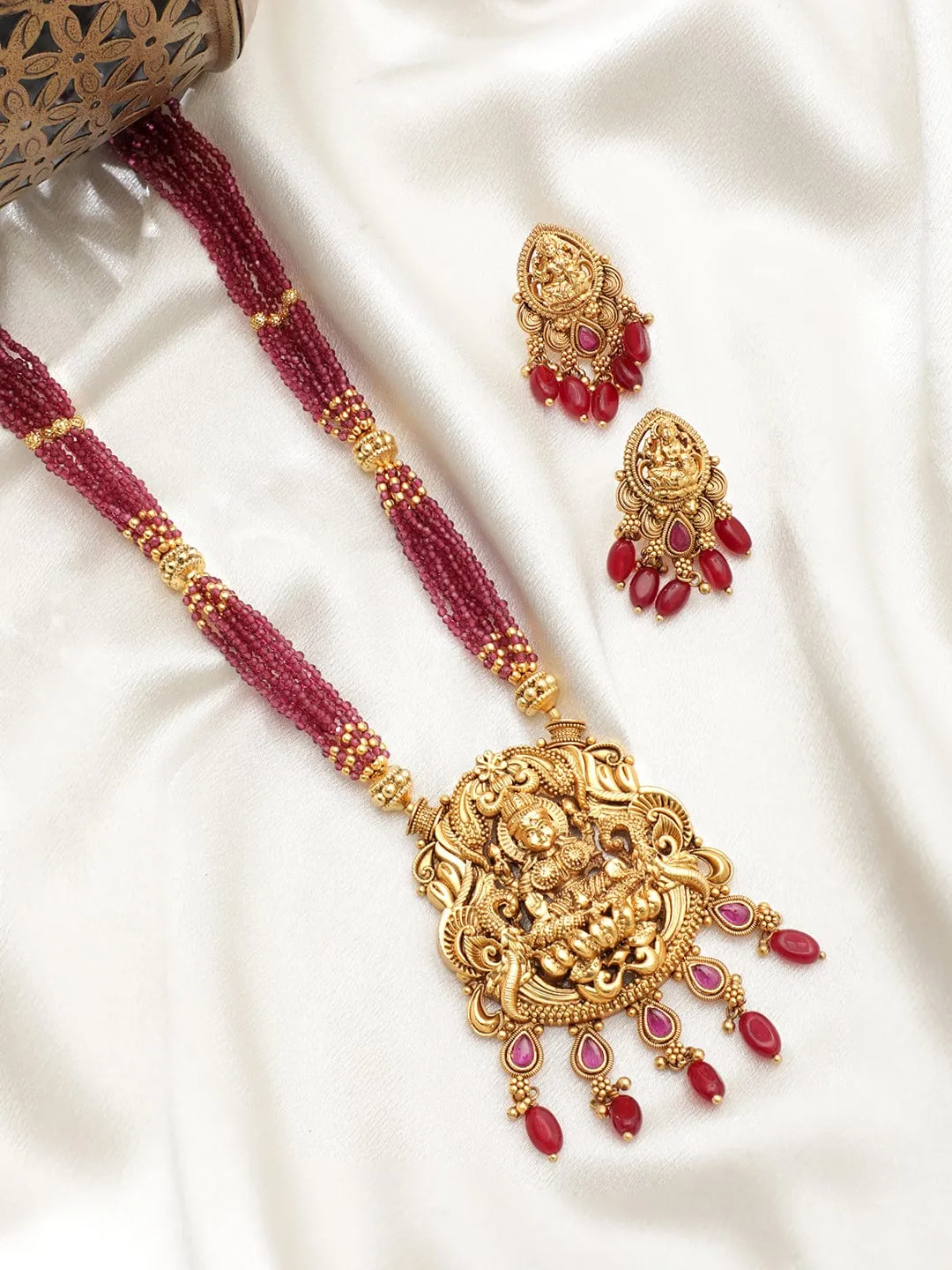 Rubans 22K Gold plated Striking Ruby Red Beaded handcrafted Temple Necklace Set