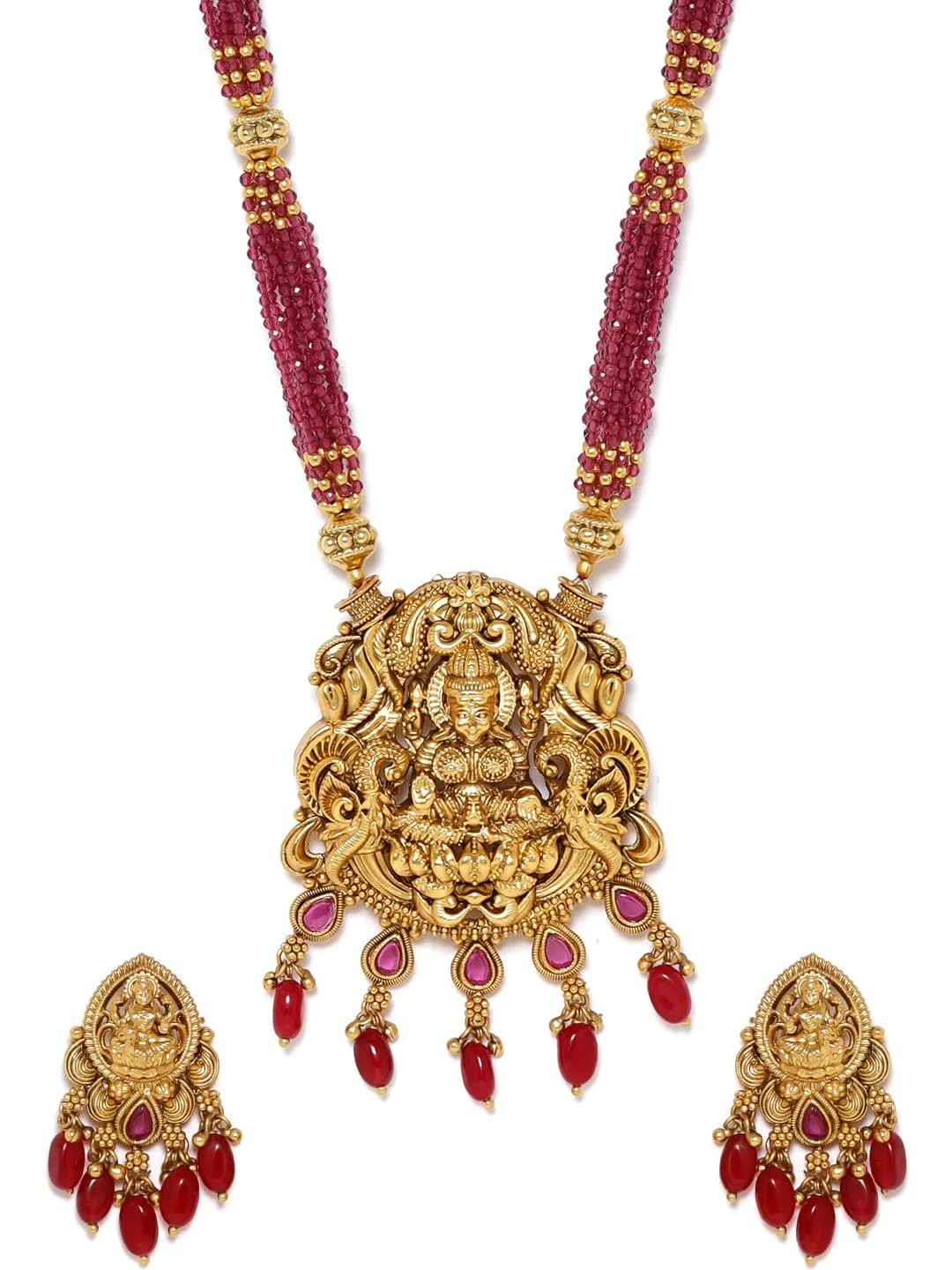 Rubans 22K Gold plated Striking Ruby Red Beaded handcrafted Temple Necklace Set