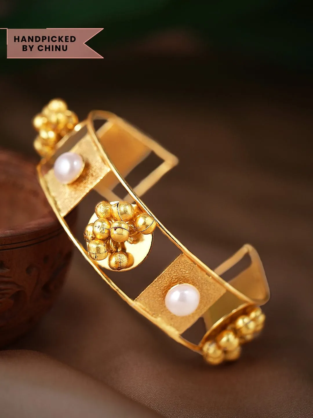 Rubans 24K Gold Plated Handcrafted Bracelet With Pearls And Golden Beads