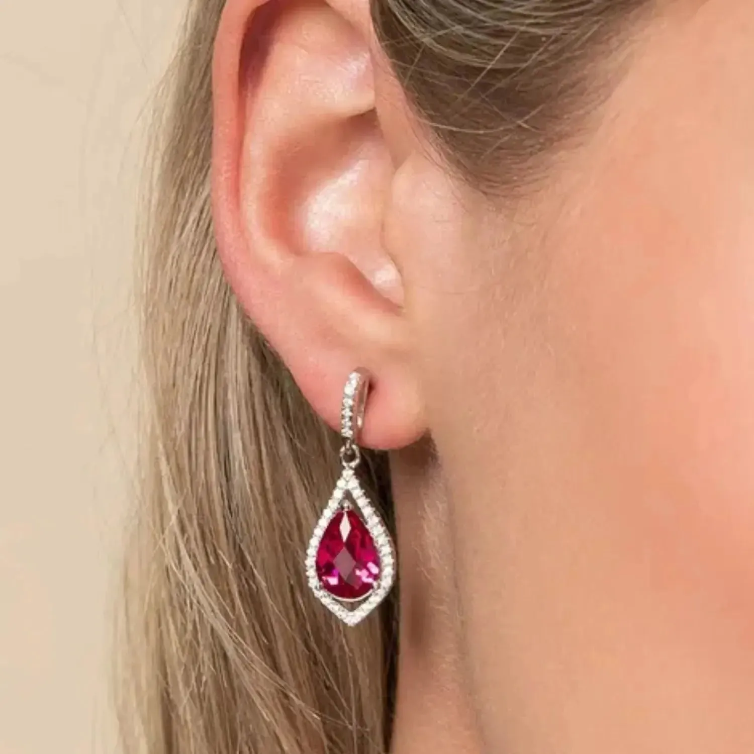 Ruby Pear Shape Dangling Earrings in Sterling Silver