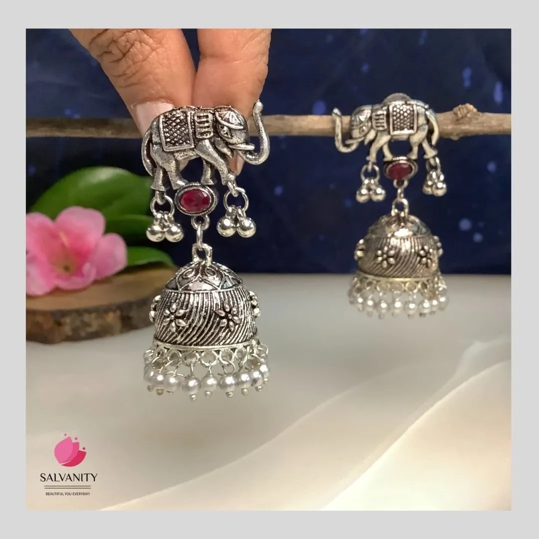 Salvanity German Silver Royal Elephant Flower Jhumkis