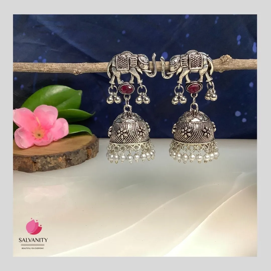 Salvanity German Silver Royal Elephant Flower Jhumkis