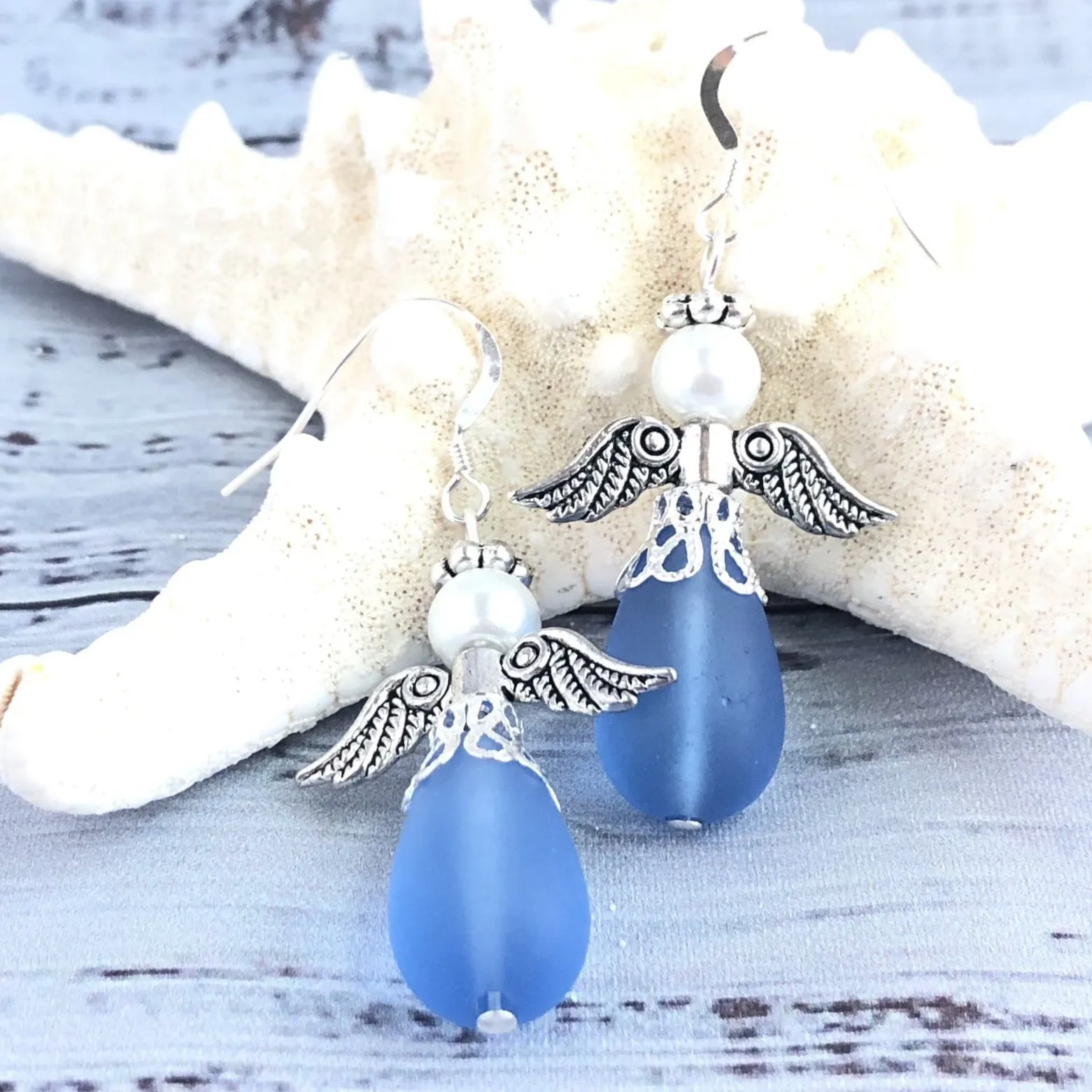 Sapphire Blue Sea Glass Angel Earrings