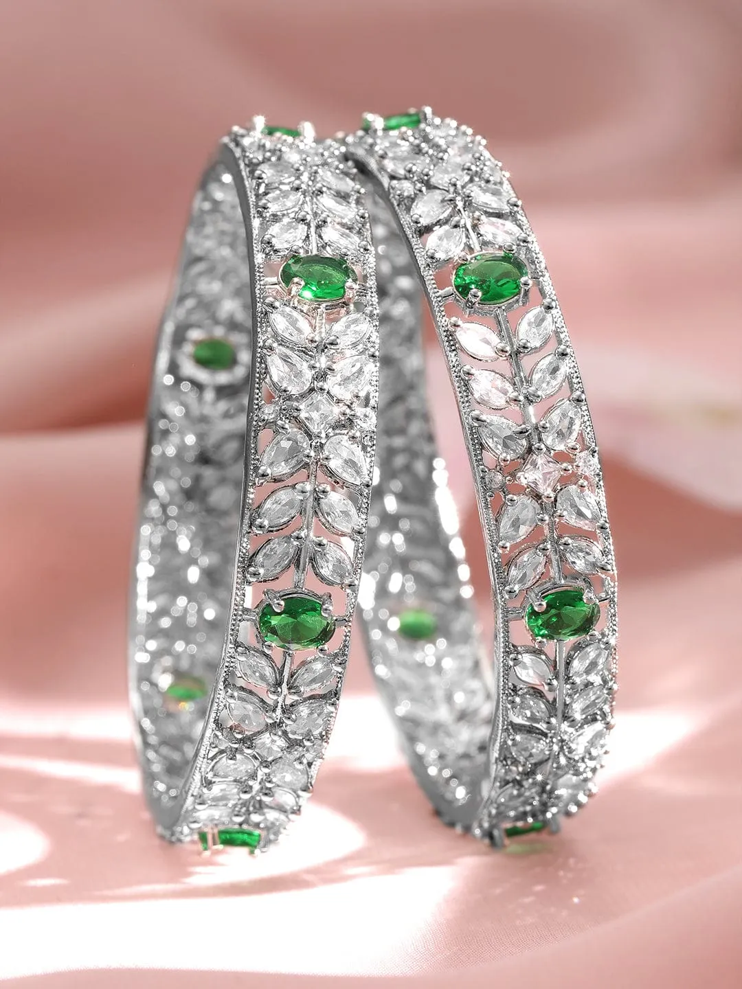 Set of 2 Rhodium-Plated Emerald Green Gemstone & Cubic Zirconia Studded Bangles