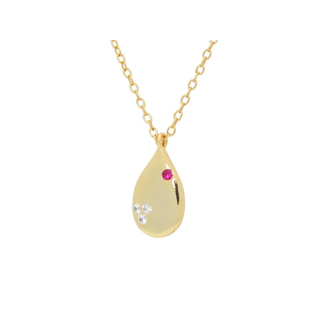 Silver 18K Gold Plated Teen Love Tear Drop Necklace 16"  2" Cubic Zirconias and Red Cz