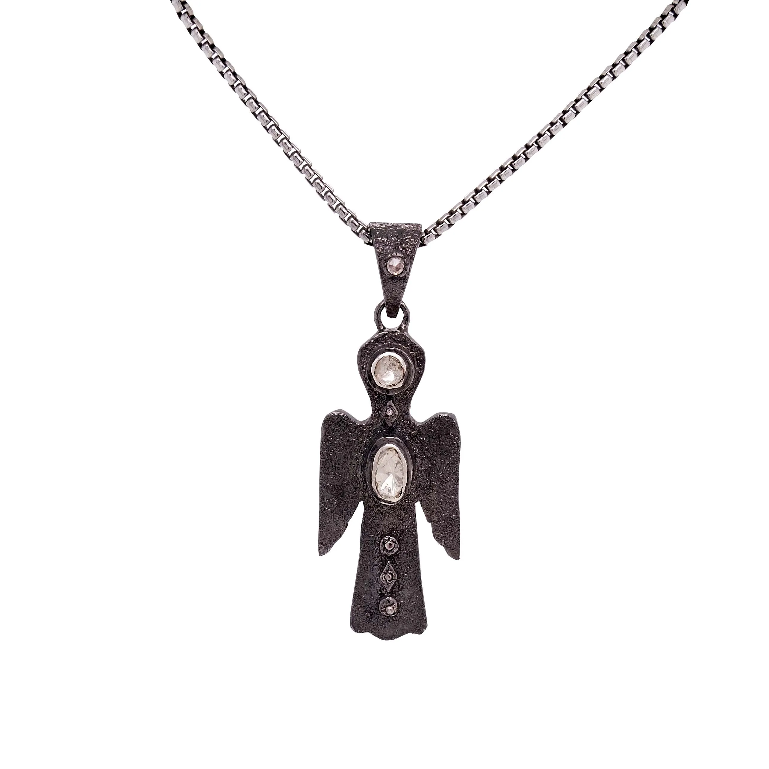 Silver and Black Rhodium Raw Diamond Angel Pendant - Large