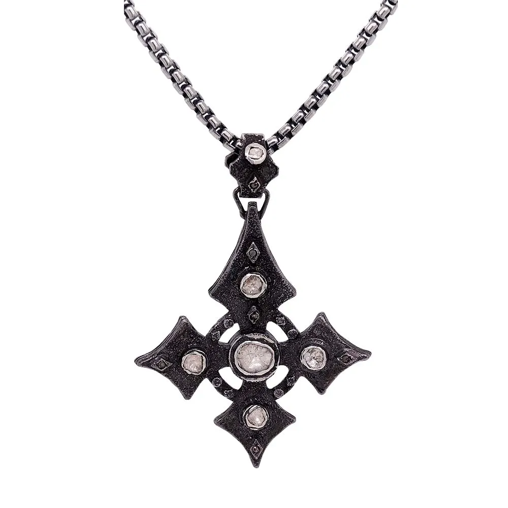 Silver and Black Rhodium Raw Diamond Cross Large