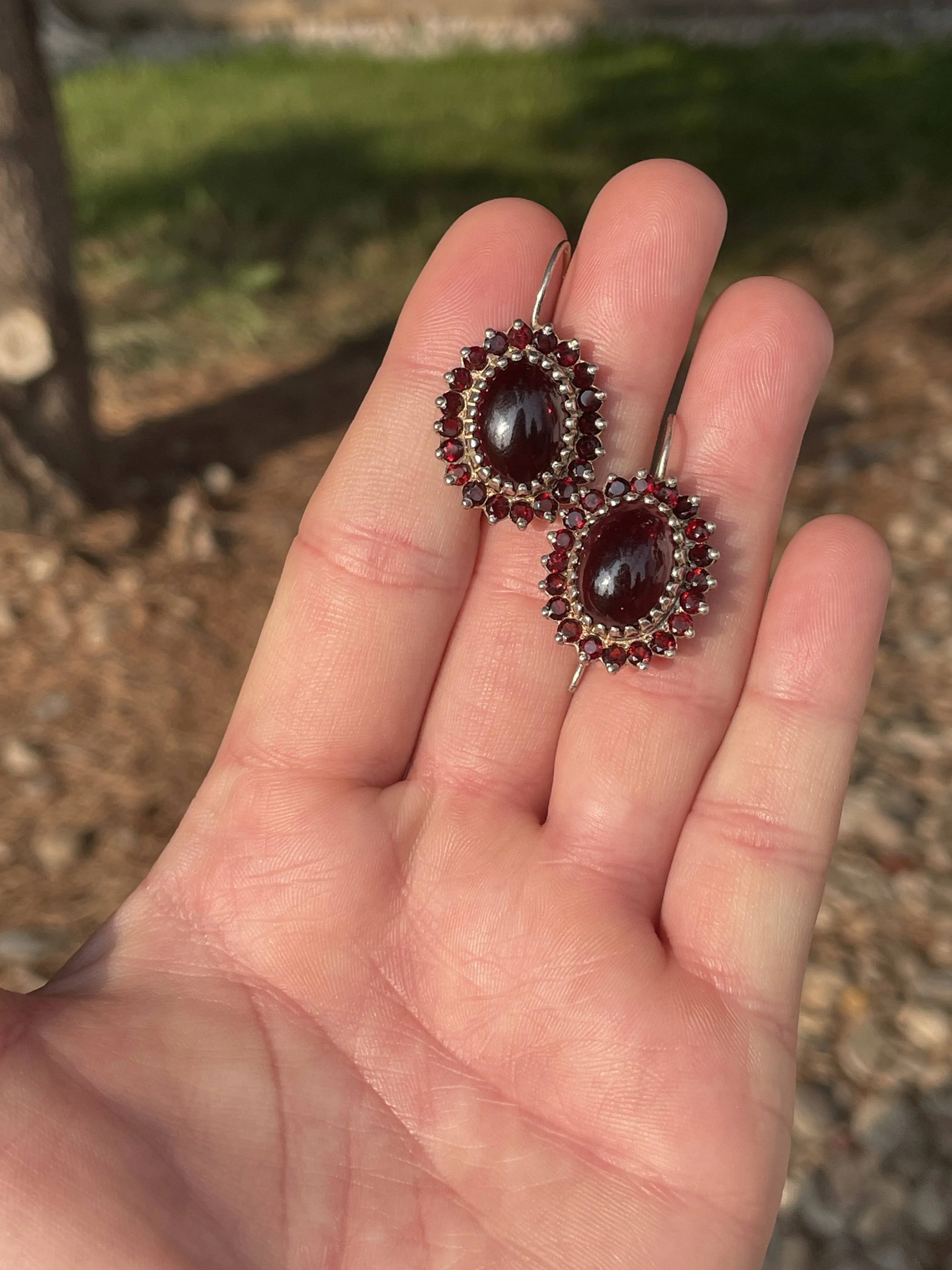 Silver Cabochon Garnet Cluster Dangle Earrings