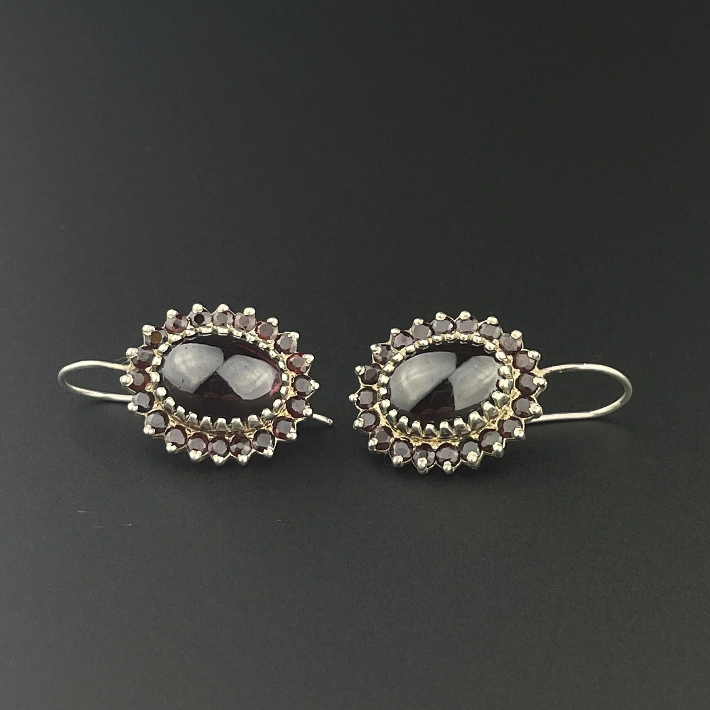 Silver Cabochon Garnet Cluster Dangle Earrings