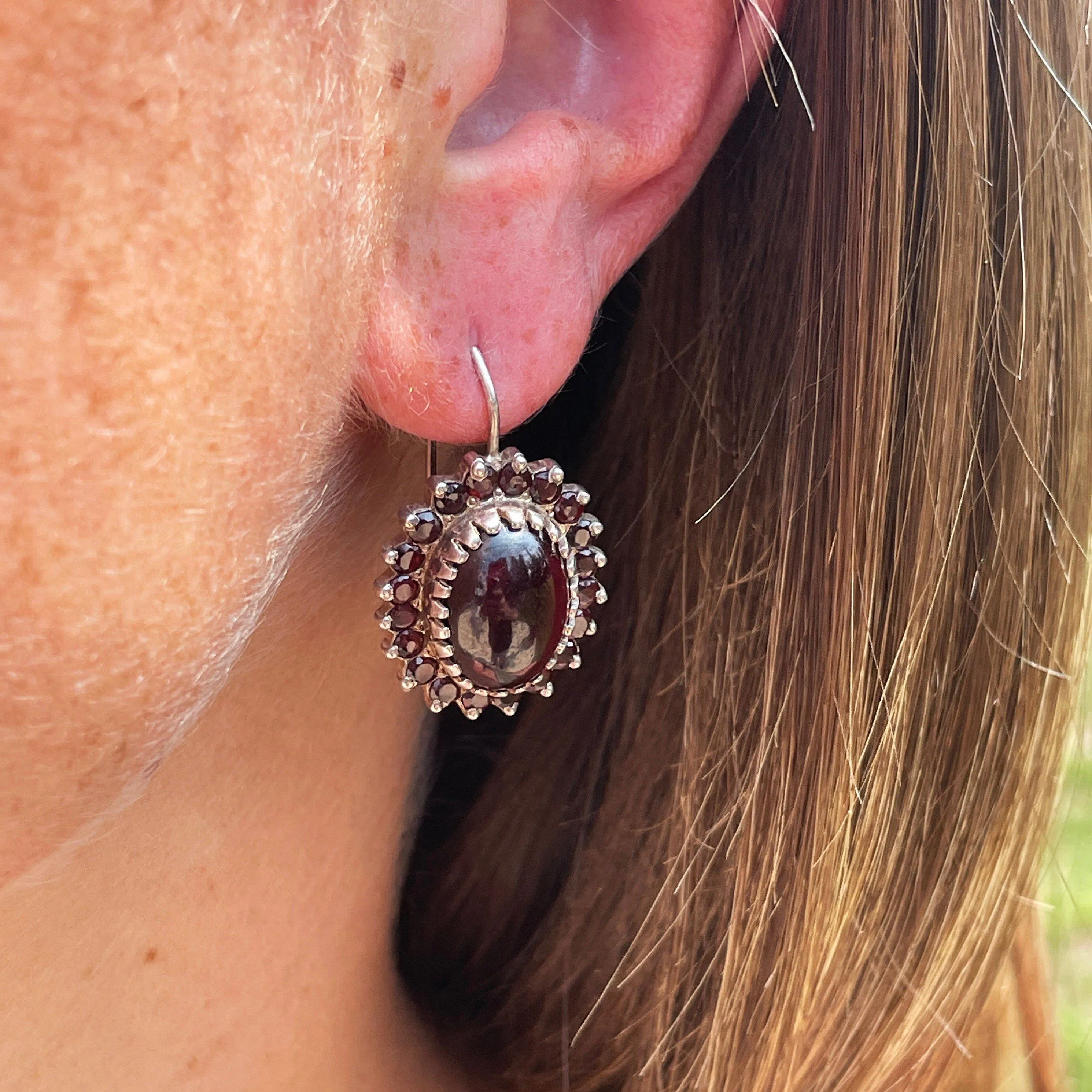 Silver Cabochon Garnet Cluster Dangle Earrings