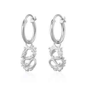 Silver Chinese Dragon Charm Hoop Earrings