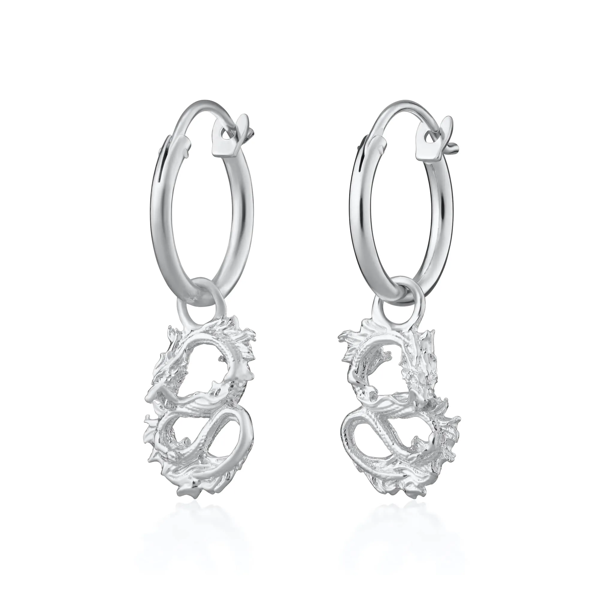 Silver Chinese Dragon Charm Hoop Earrings