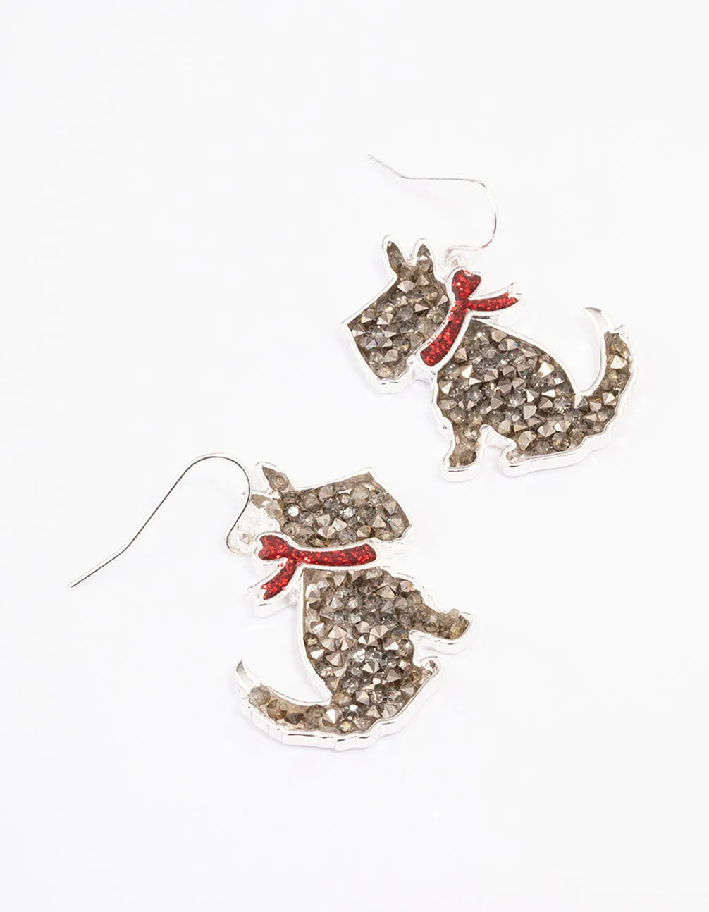 Silver Glitter Christmas Dog Drop Earrings