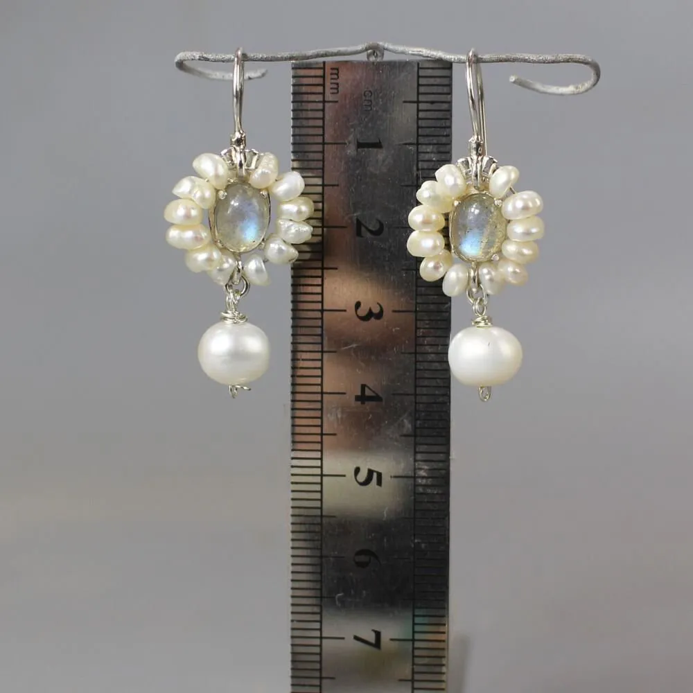 Silver Labradorite Pearl Flower Earrings