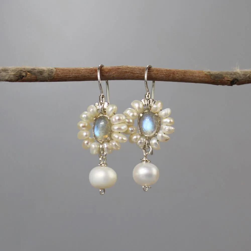 Silver Labradorite Pearl Flower Earrings