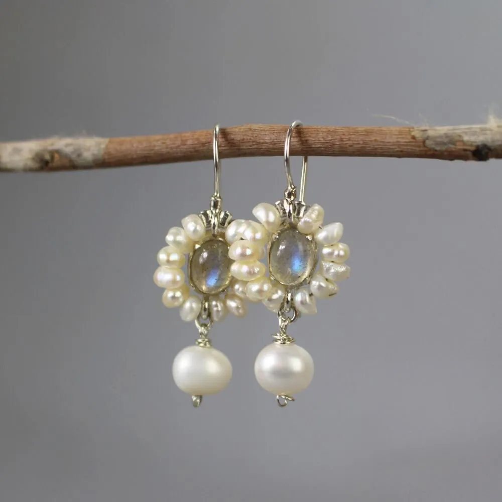 Silver Labradorite Pearl Flower Earrings