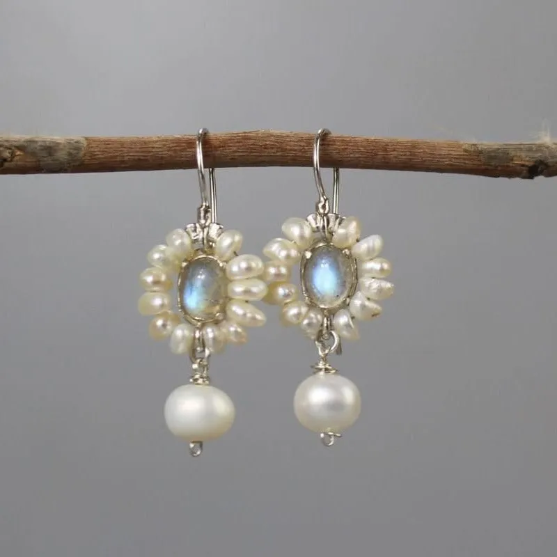 Silver Labradorite Pearl Flower Earrings