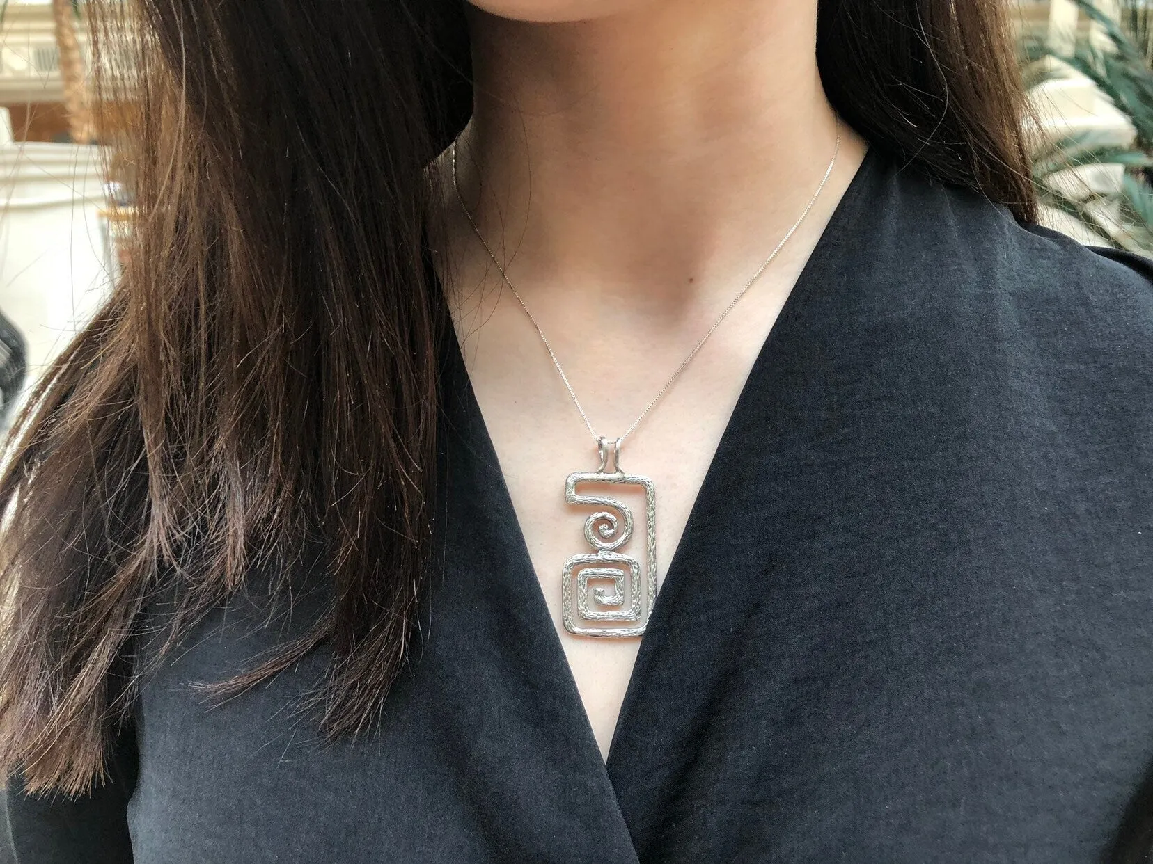 Silver Maze Pendant - Large Aztec Necklace - Statement Silver Necklace